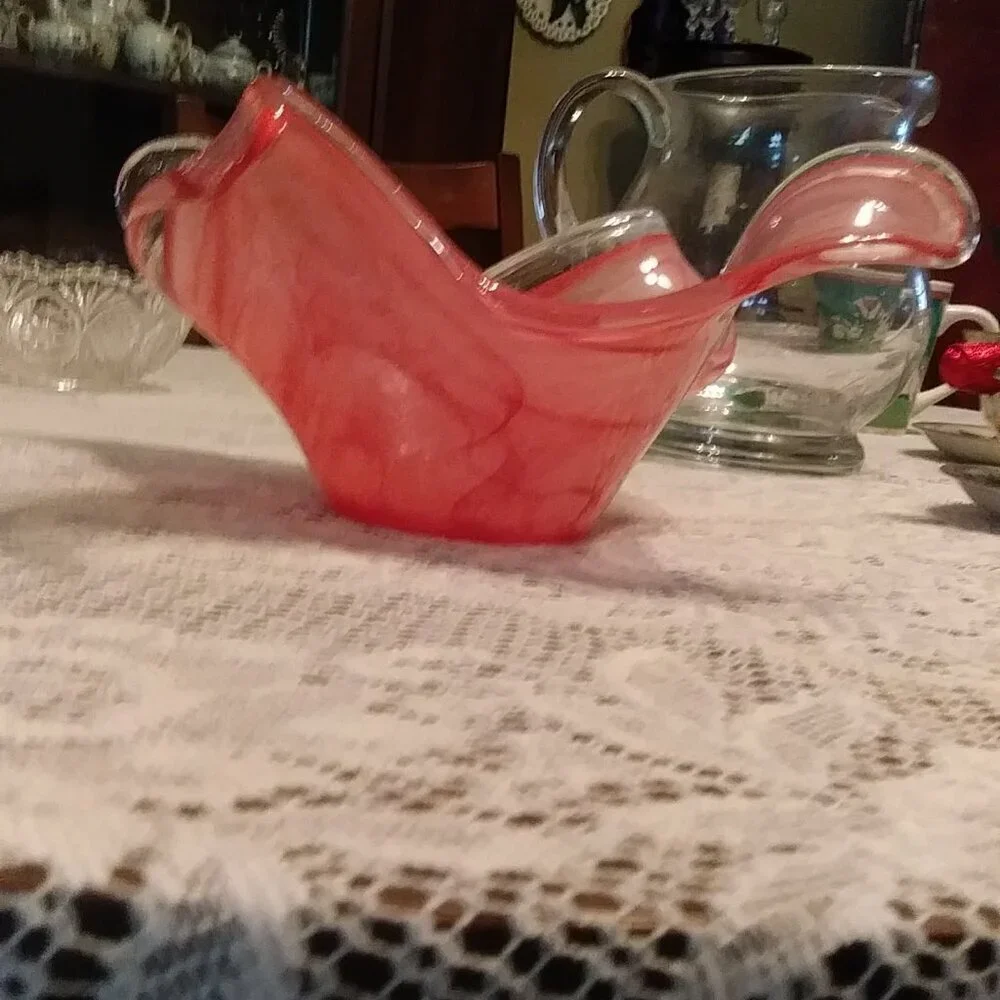 Murano-style art glass wave cranberry/pink bowl with a waffle bottom